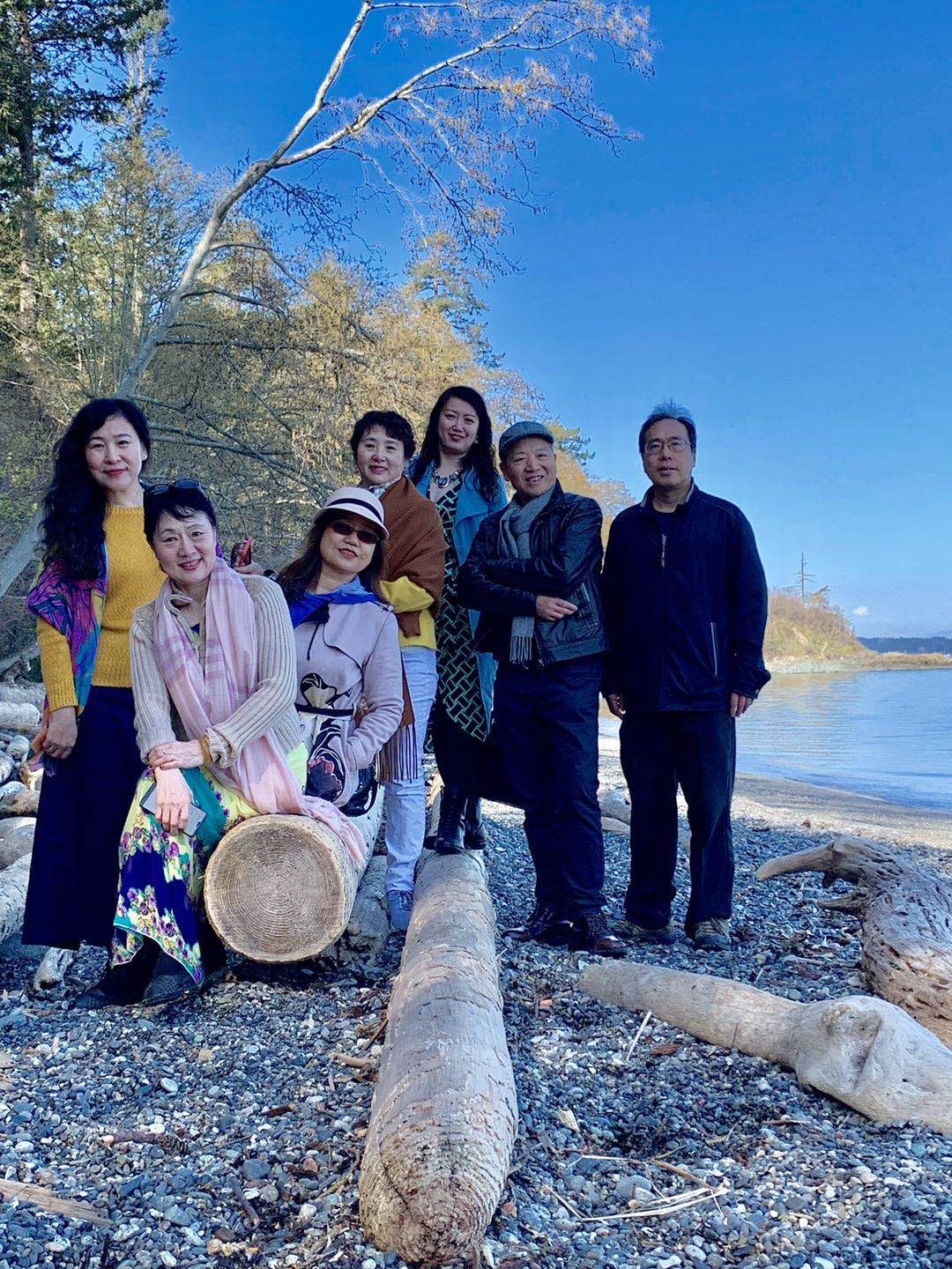 2019年3月30日上午，Balmacarra海边公园。或站或坐于漂木之上。左起：冯玉，燕茹，莫青，李影，竹笛，沈家庄，和平岛。